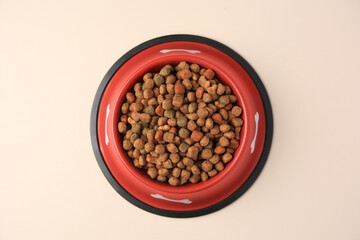 Dry dog food in feeding bowl on beige background, top view