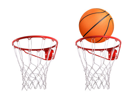 Collage of basketball ball and hoop isolated on white