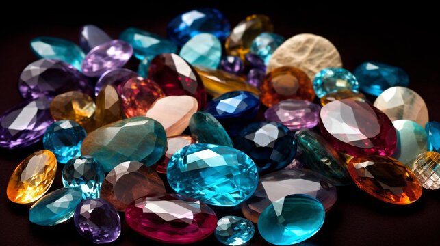 Colorful gemstones, mix of different shapes and colors, precious gems Generative AI