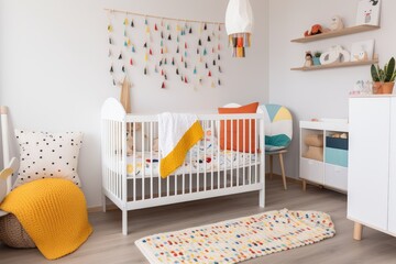 crib in cozy baby room, surrounded by colorful and playful decor, created with generative ai