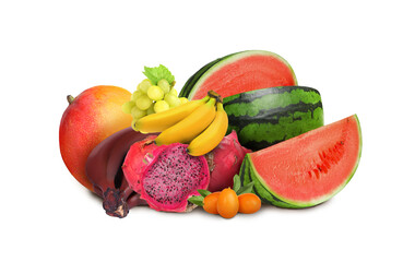 Many different fresh fruits on white background