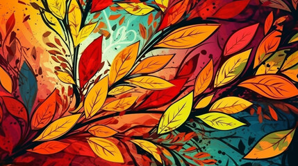 Abstract background with leaf and floral ornaments, colorful and vivid Generative AI