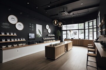 cannabis dispensary with sleek and modern design, featuring minimalist furniture and minimalistic decorations, created with generative ai - obrazy, fototapety, plakaty