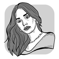 Beautiful young woman looking serious. Model blond girl for beauty salon, hairdressing, cosmetic shop. Girl with long blond hair and big eyes. Hand drawn illustration. Comic cartoon style drawing.