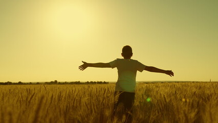 Child boy runs with arms raised like airplane wings, childhood dream. Silhouette of boy kid running through field of wheat, sunset. Child pilot runs in sun. Child dreams of becoming an airplane pilot
