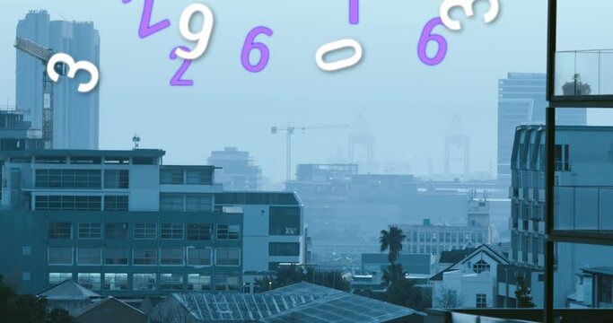 Animation of multiple changing numbers floating against aerial view of cityscape