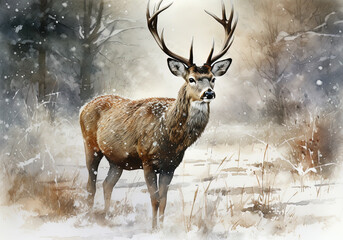 Watercolor of  Deer Buck , in a Winter Field . AI generated Illustration.