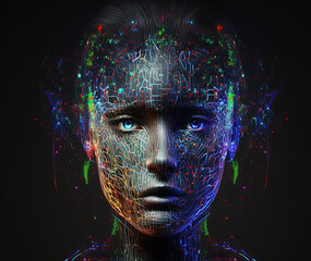 Face of Cyber Mind. Technology Background Concept. AI generated Illustration.