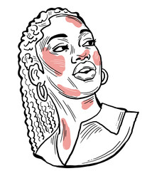 Beautiful young black woman smiling with white teeth. Model girl for beauty salon, hairdressing, cosmetic shop. Girl with long dark hair and big eyes. Hand drawn illustration. Cartoon style drawing.