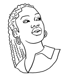 Beautiful young black woman smiling with white teeth. Model girl for beauty salon, hairdressing, cosmetic shop. Girl with long dark hair and big eyes. Hand drawn illustration. Cartoon style drawing.