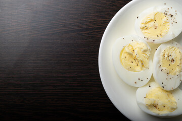 Top view of boiled egg plate on table, healthy breakfast