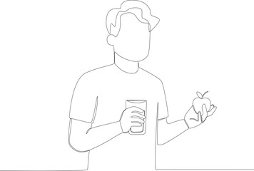 A man had breakfast with an apple and a glass of water. Breakfast one-line drawing