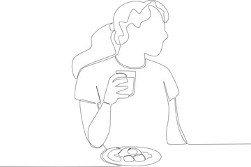 A woman breakfast in the morning. Breakfast one-line drawing