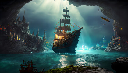 Naklejka premium cave in the ship in the sea,an underground ocean, a pirate ship in the foreground, fantasy city on island in the distance as focal point, dark colors, realistic, nighttime, stone ceiling, glowing