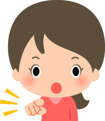 正面を指さす真顔の女性