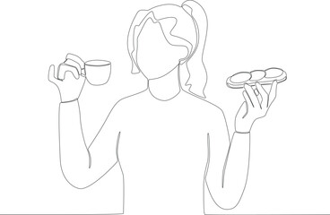 A woman excitedly eats breakfast in the morning. Breakfast one-line drawing