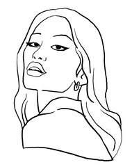 Beautiful young asian woman looking serious. Model girl for beauty salon, hairdressing, cosmetic shop. Girl with long blond hair and big eyes. Hand drawn illustration. Comic cartoon style drawing.