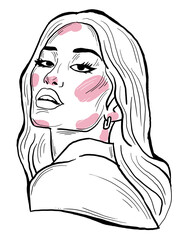 Beautiful young asian woman looking serious. Model girl for beauty salon, hairdressing, cosmetic shop. Girl with long blond hair and big eyes. Hand drawn illustration. Comic cartoon style drawing.