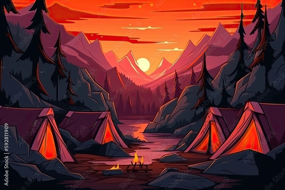 Canvas Prints picturesque campsite at sunset. Generative AI