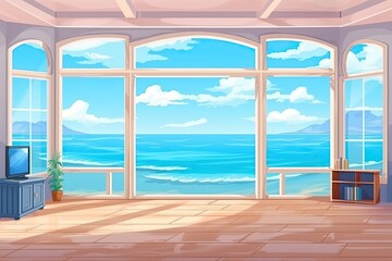 cozy living room with a picturesque ocean view through a large window. Generative AI