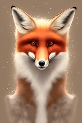 portrait of a red fox in winter on a light background, snow on wool, generative ai