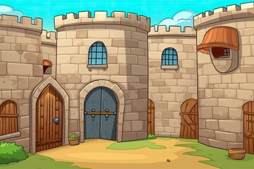 cartoon castle with two doors and a moat. Generative AI