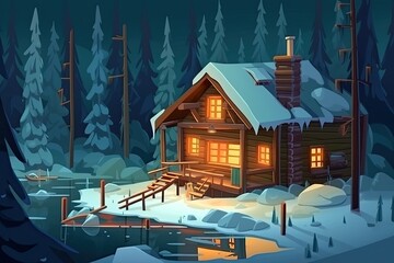 cozy winter cabin nestled in a snowy forest. Generative AI