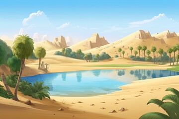serene desert oasis with a lake and palm trees in the background. Generative AI