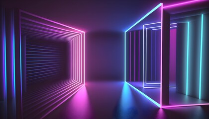 Abstract neon lights background with laser rays, and glowing lines. Generative AI.