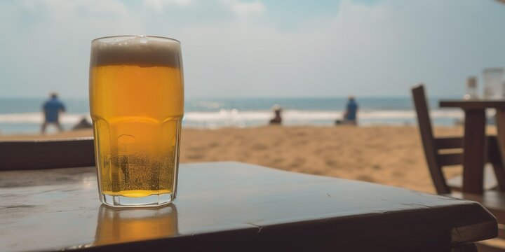 Glass of beer on the beach, vacation concept, image created with AI