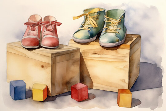 Watercolor pairs of children's shoes on boxes and blocks