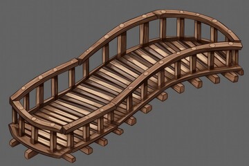 wooden bridge over a calm river surrounded by trees and mountains in the background. Generative AI