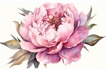pink peony flower watercolor isolated on white AI Generative