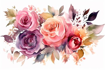 Fototapeta na wymiar roses flowers watercolor isolated on white AI Generative