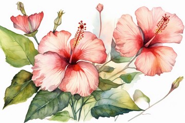 hawaiian flowers watercolor isolated on white AI Generative