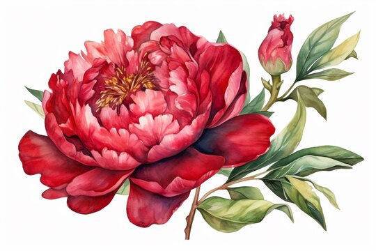 red peony watercolor isolated on white AI Generative