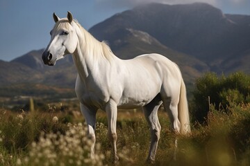 portrait of a white horse standing in the hills