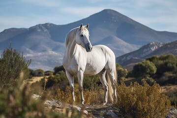portrait of a white horse standing in the hills