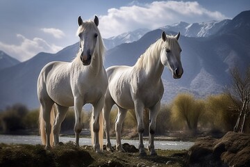 Obraz premium white horse standing by the river near the hills