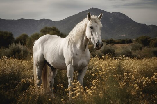 portrait of a white horse standing in the hills
