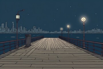 city pier at night with city lights in the background. Generative AI