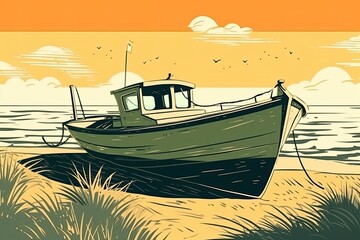 boat stranded on a deserted sandy beach. Generative AI