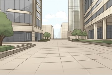 bustling city street with towering buildings and lush trees lining the sidewalks. Generative AI