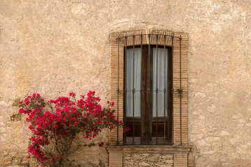 Fototapeta na wymiar Rustic Mexican window with red Bougainvillea flowers