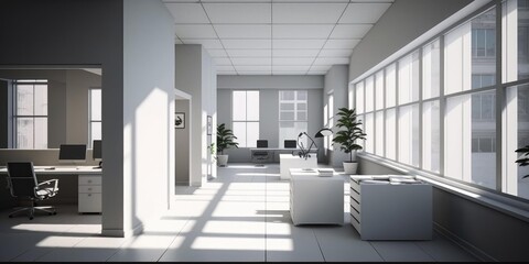 Plakat White and bright office workplace interior design. superlative generative AI image.