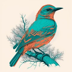 Green, Orange Sparrow Illustration in Risograph Print Style, Cute Bird, Generative AI