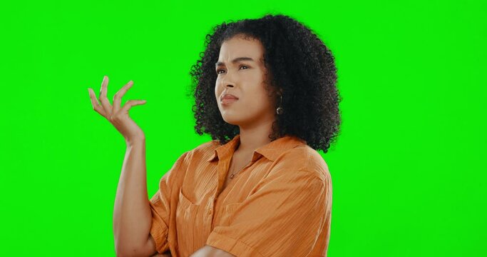 Green screen, thinking and woman confused, question and doubt against a studio background. Female, why and frustrated person with an attitude, puzzled and thoughts with facial expression and unsure