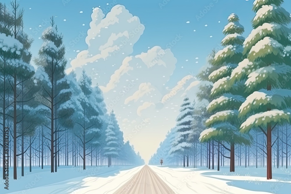 Poster serene winter landscape with a winding road and snow-covered trees. generative ai