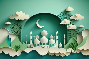 Islamic greeting Eid Mubarak cards for Muslim  Holydays. Eid-Ul-Adha  celebration.Arabic Ramadan Lantern . Generative AI quilling paper cut Crescent Islamic with mosque for Ramadan Kareem