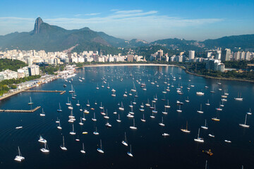 Scenic View of Rio de Janeiro City and Corcovado Mountain with Christ the Redeemer, Boats in the Harbor and Hills